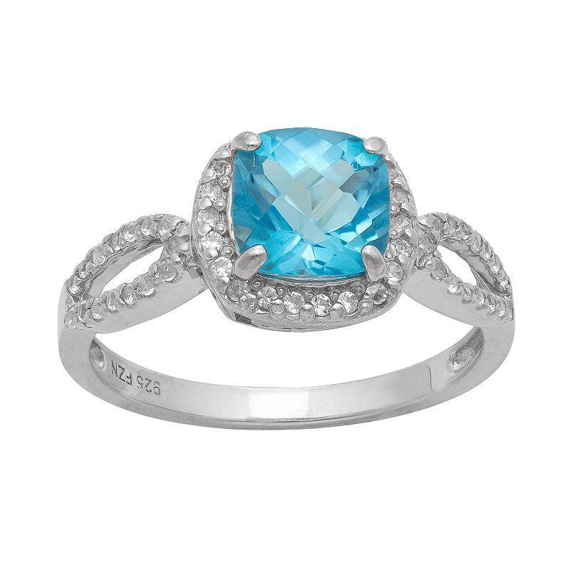 Sterling Silver Swiss Blue Topaz and Lab-Created White Sapphire Halo Ring, Womens Light Blue Product Image