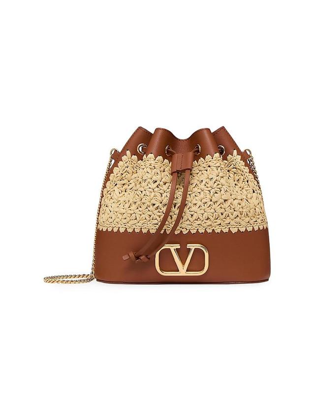 Womens Mini Raffia Bucket Bag with VLogo Signature Chain Product Image