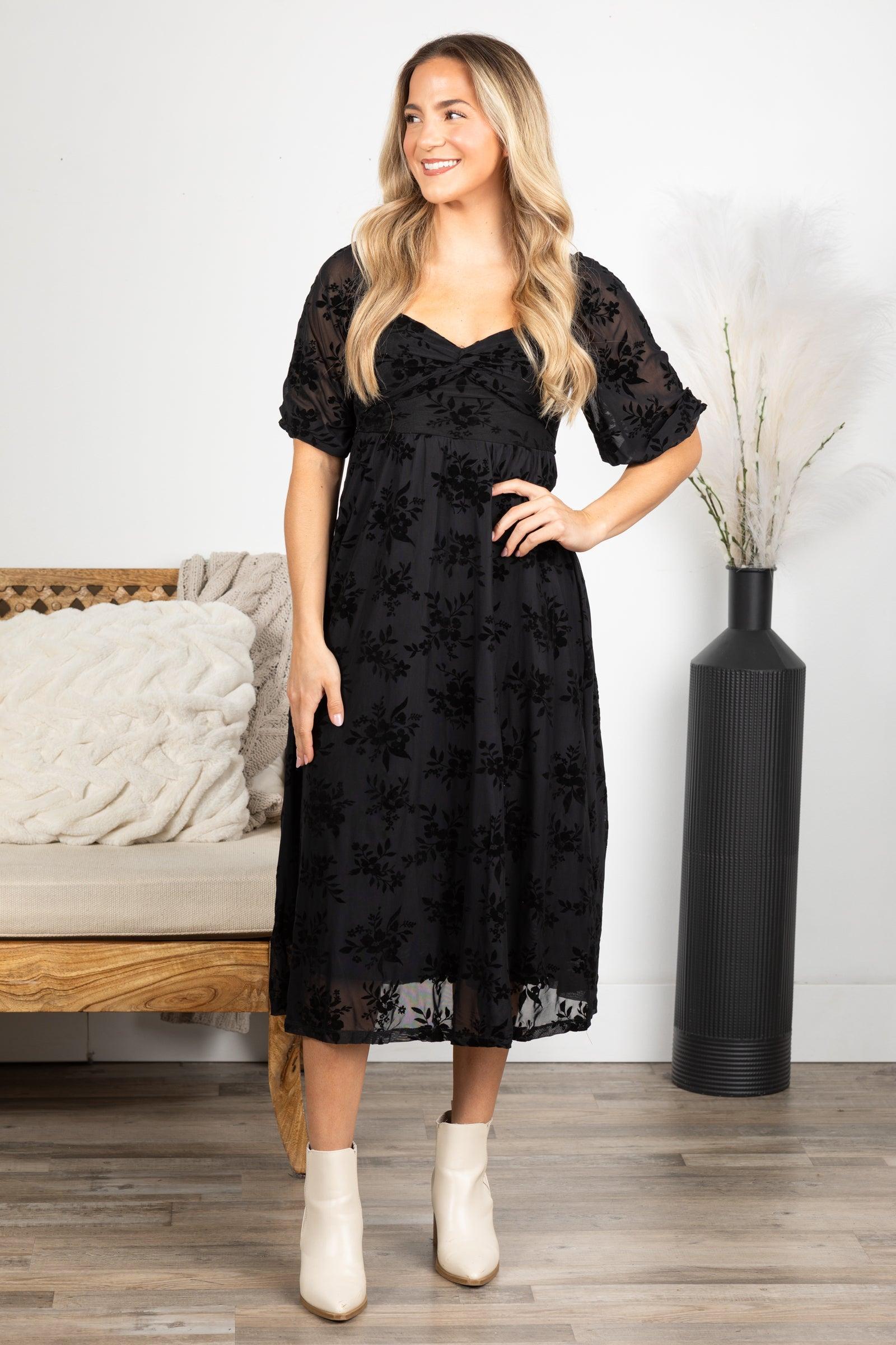 Black Floral Velvet Twist Front Midi Dress Product Image