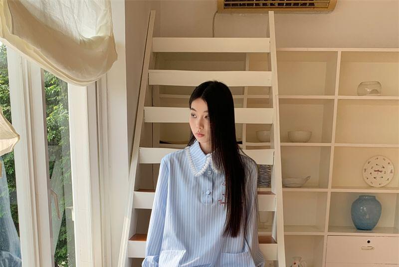 Long Sleeve Peter Pan Collar Striped Mock Two Piece Shirt Dress Product Image