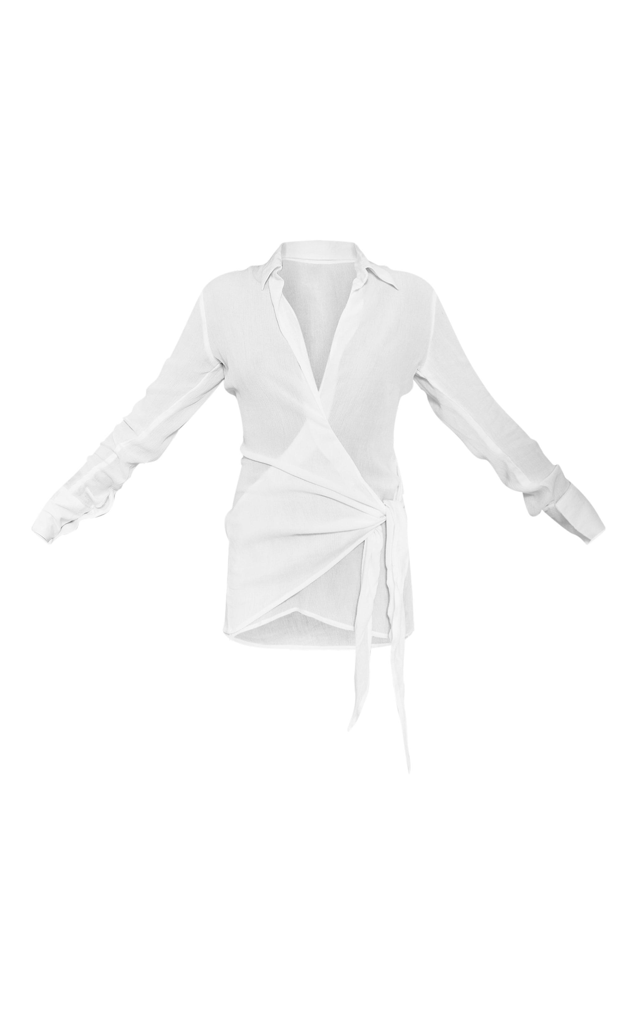 White Textured Plunge Wrap Shirt Dress Product Image