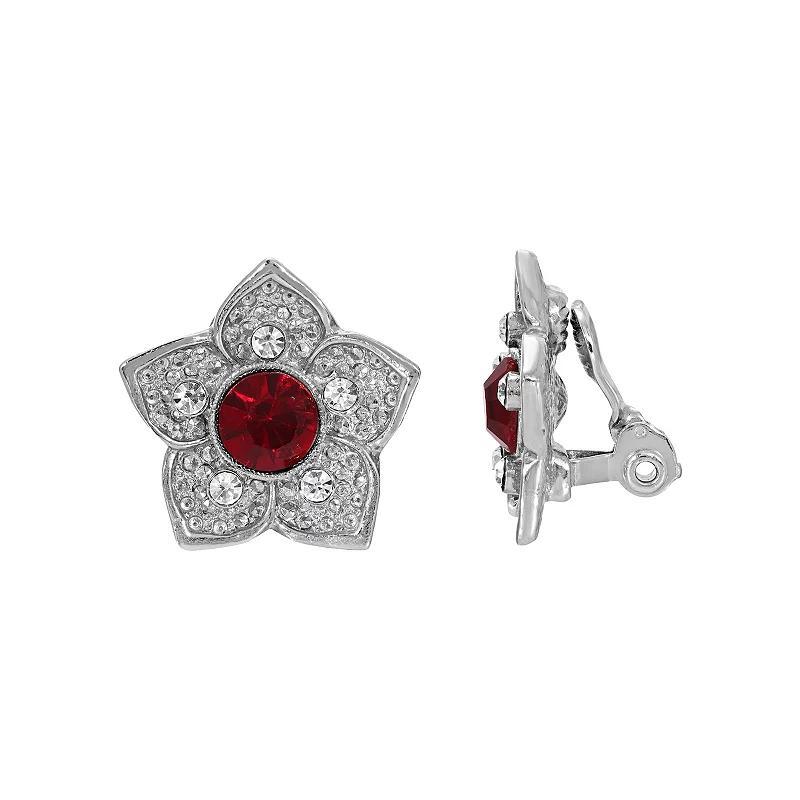 1928 Silver Tone Crystal Flower Clip-On Earrings, Womens, Red Product Image