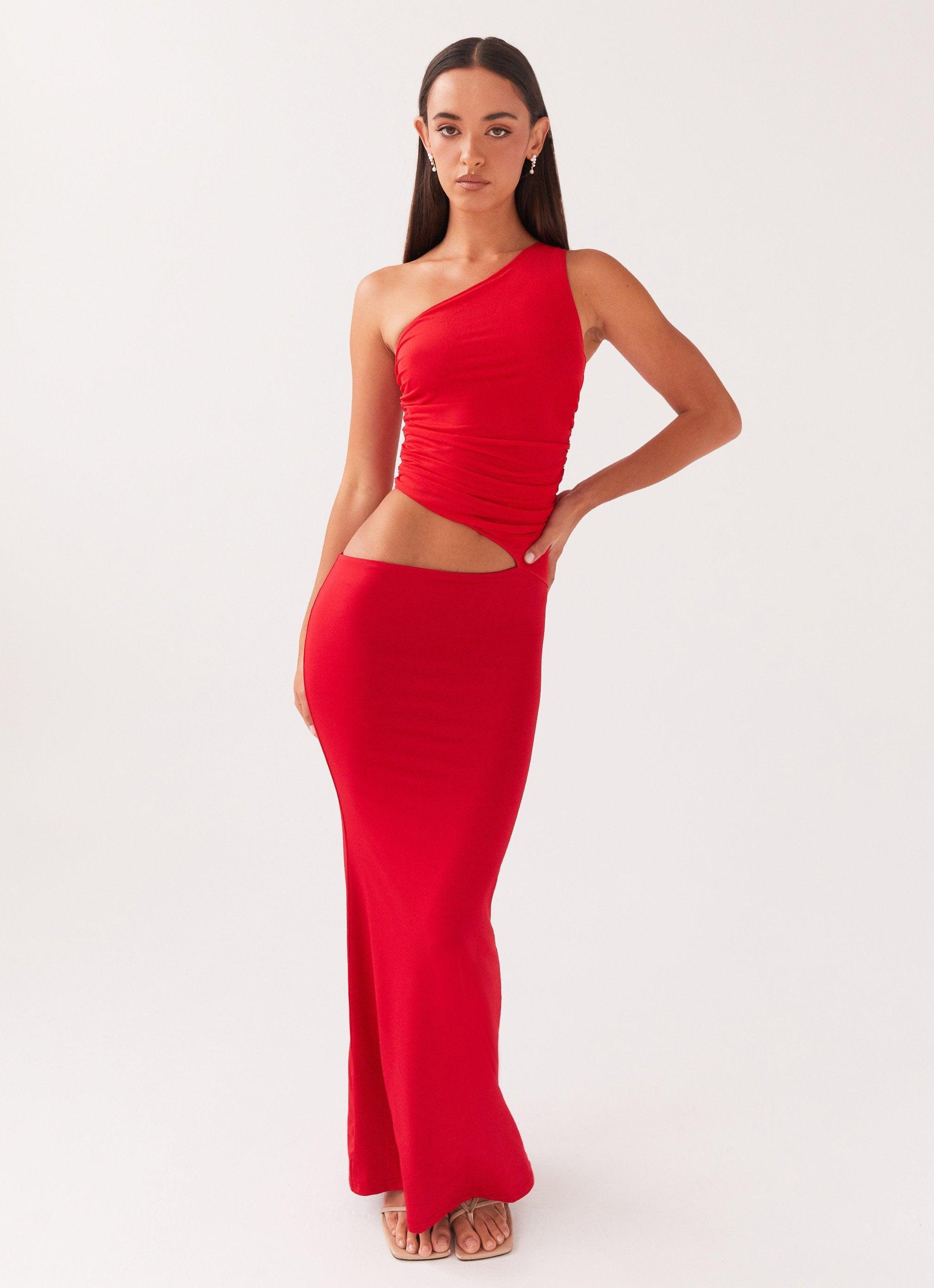 Seranella One Shoulder Maxi Dress - Cherry Red Product Image