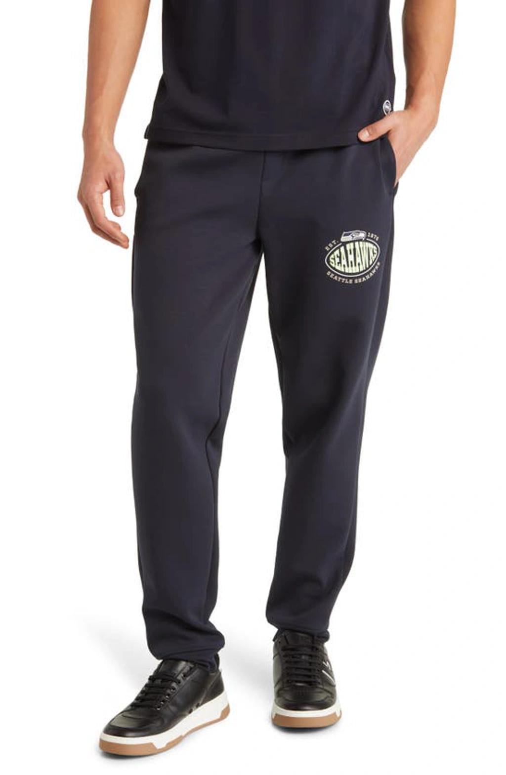 Boss X Nfl Cotton-blend Tracksuit Bottoms With Collaborative Branding In Seahawks Dark Blue Product Image