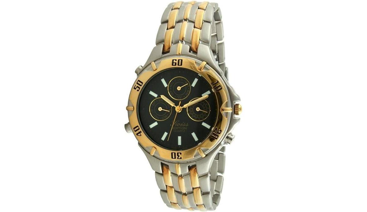 Swiss Edition Mens Two Tone Silver and 23K Gold Plated Multifunction Black Dial Gold Sports Bezel Dress Watch Product Image