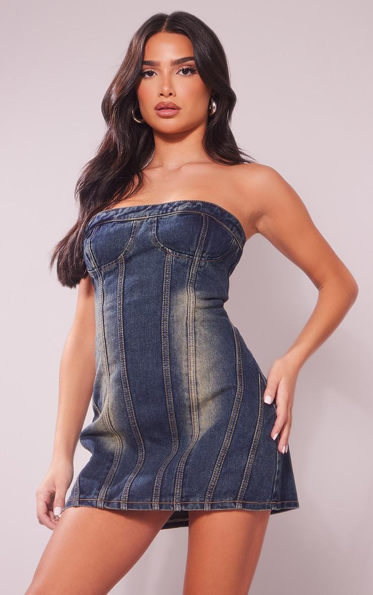  Petite Dark Indigo Seam Front Denim Mini Dress Product Image