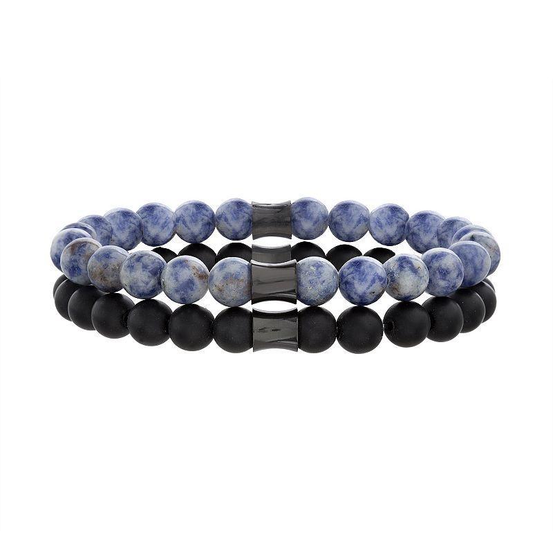 1913 Mens Sodalite Bead & Black Glass Bead Stretch Bracelet Set Two Tone Product Image