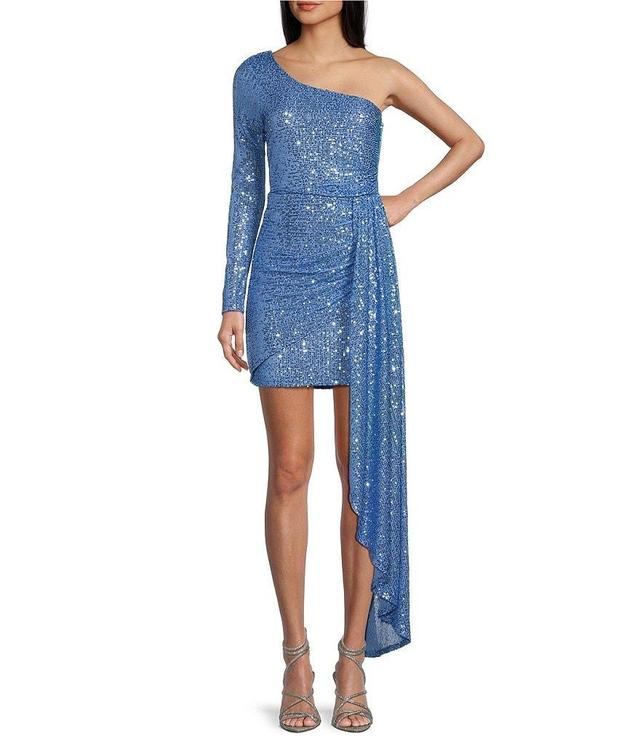 Xtraordinary One Shoulder Sequin Wrap Drape Mini Dress Product Image