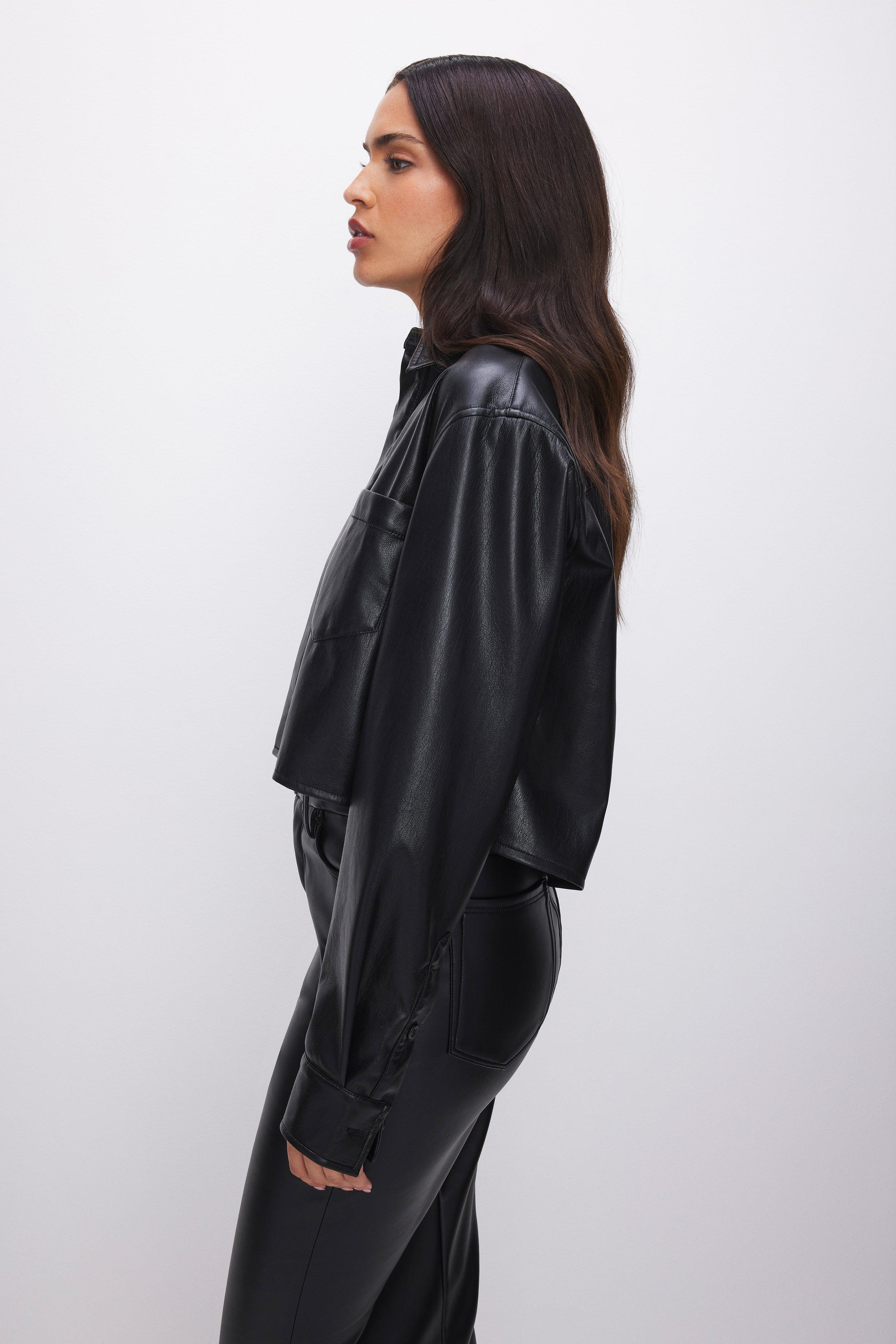 FAUX LEATHER CROPPED SHIRT | BLACK001 Product Image