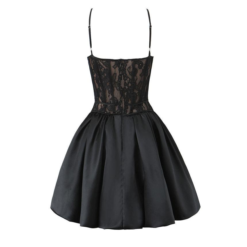 Spaghetti Strap Lace Panel Mini A-Line Balloon Dress Product Image