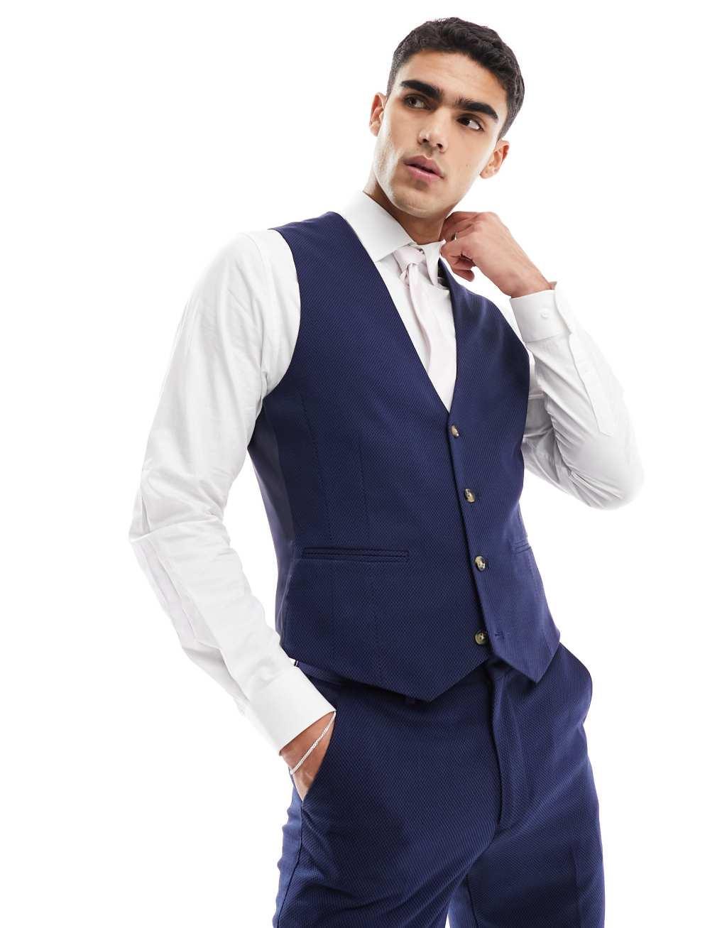 ASOS DESIGN Wedding skinny suit vest in navy microtexture Product Image