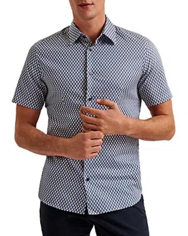 Printed Short Sleeve Button Front Shirt In Navy Product Image