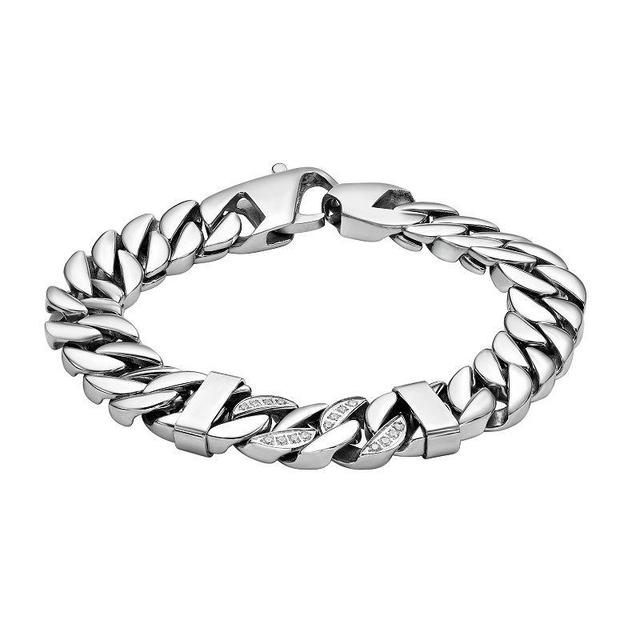 LYNX Mens Stainless Steel Curb Chain Bracelet with Cubic Zirconia Accents Product Image