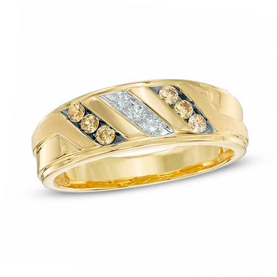 Men's 1/3 CT. T.w. Champagne and White Diamond Slant Ring in 10K Gold Product Image