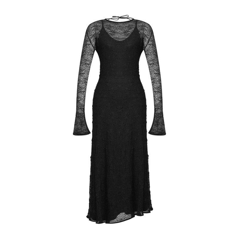 Long-Sleeve Round Neck Lace Midi A-Line Dress Product Image