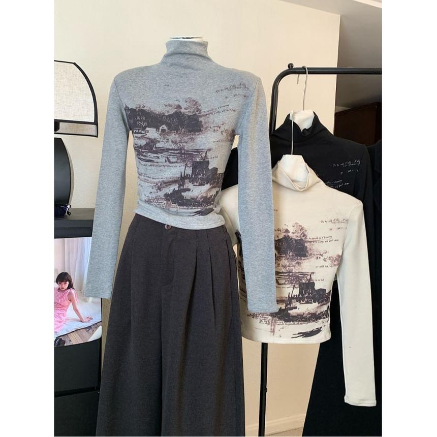 Long Sleeve Mock Neck Patterned Print Top Product Image