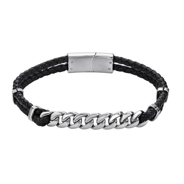 Mens LYNX Stainless Steel Link & Braided Black Leather Bracelet Product Image