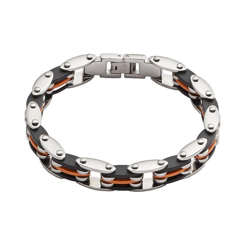 Stainless Steel and Black and Orange Rubber Bracelet - Men, Mens Multicolor Product Image