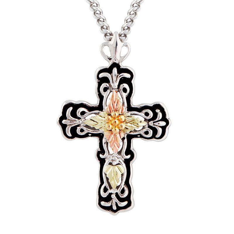 Black Hills Gold Tri-Tone Antiqued Cross Pendant Necklace in Sterling Silver, Womens Product Image