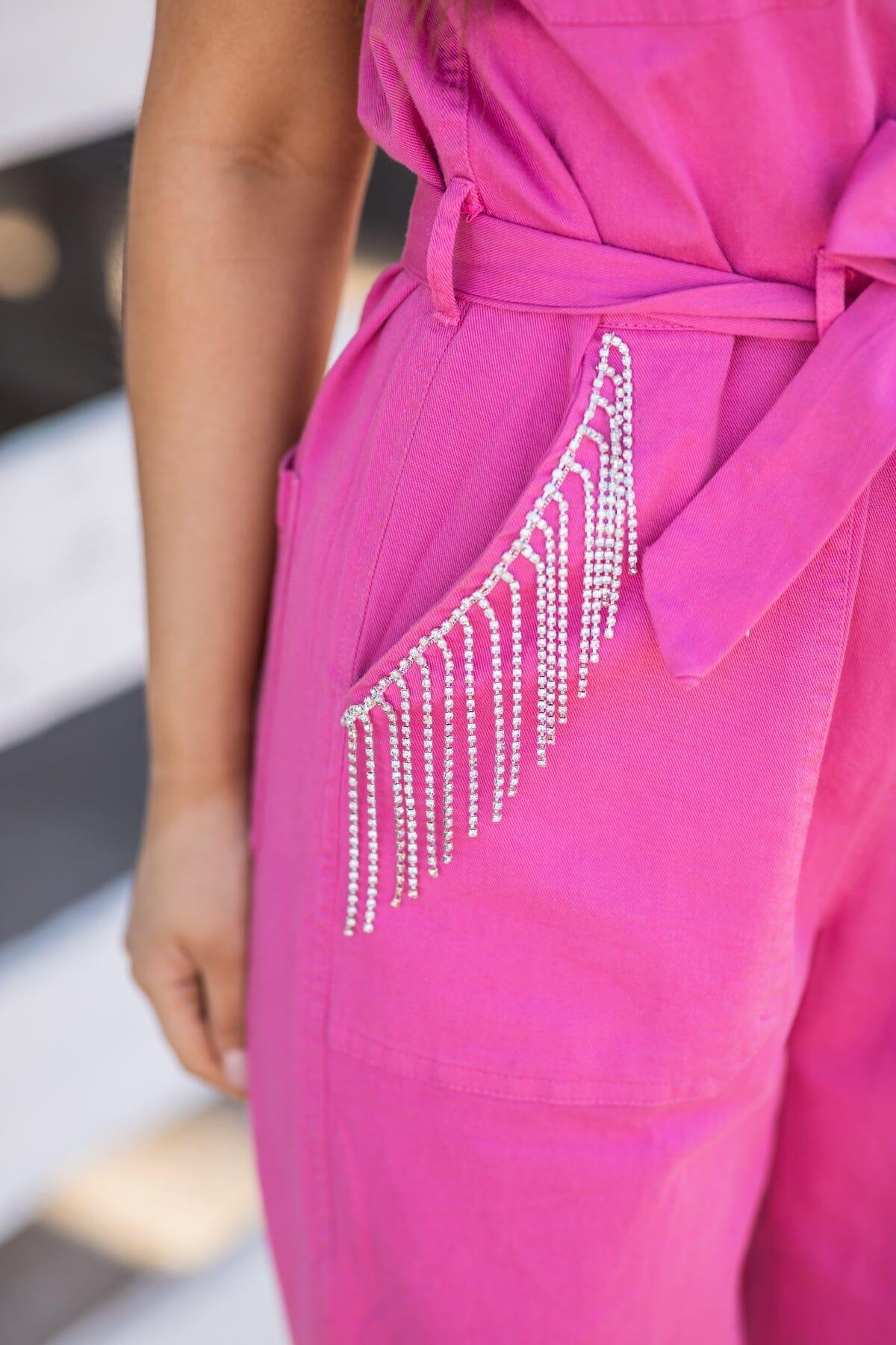 Pink Denim Jumpsuit Beaded Fringe Trim Product Image