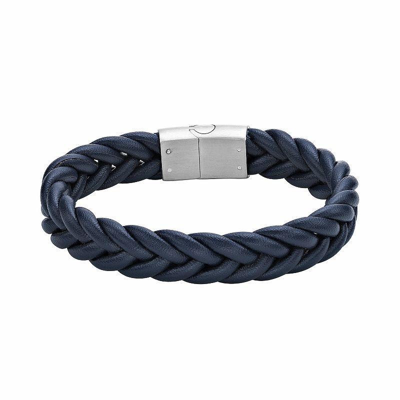 LYNX Mens Stainless Steel & Braided Leather Bracelet Blue Product Image