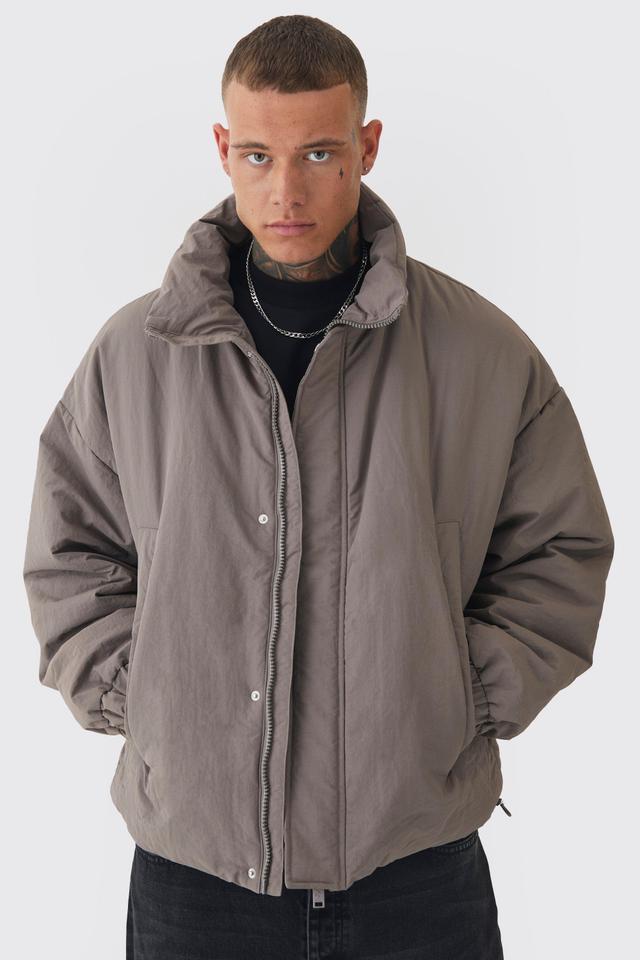 Tall Oversized Boxy Padded Funnel Neck Coat In Charcoal | boohooMAN USA Product Image