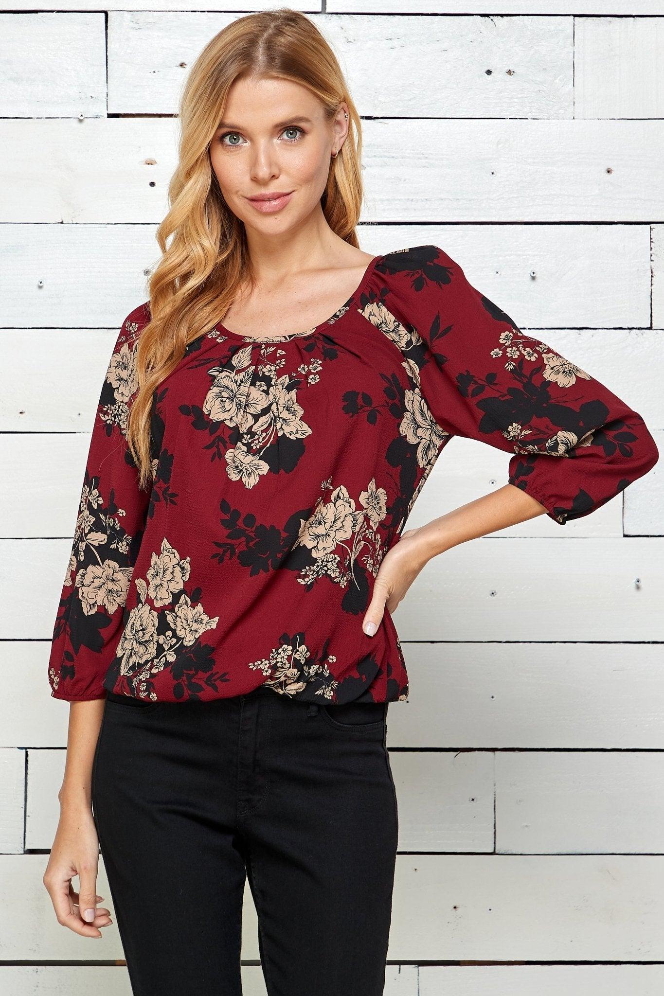 3/4 Sleeve Pleat-Front Bubble Blouse Product Image