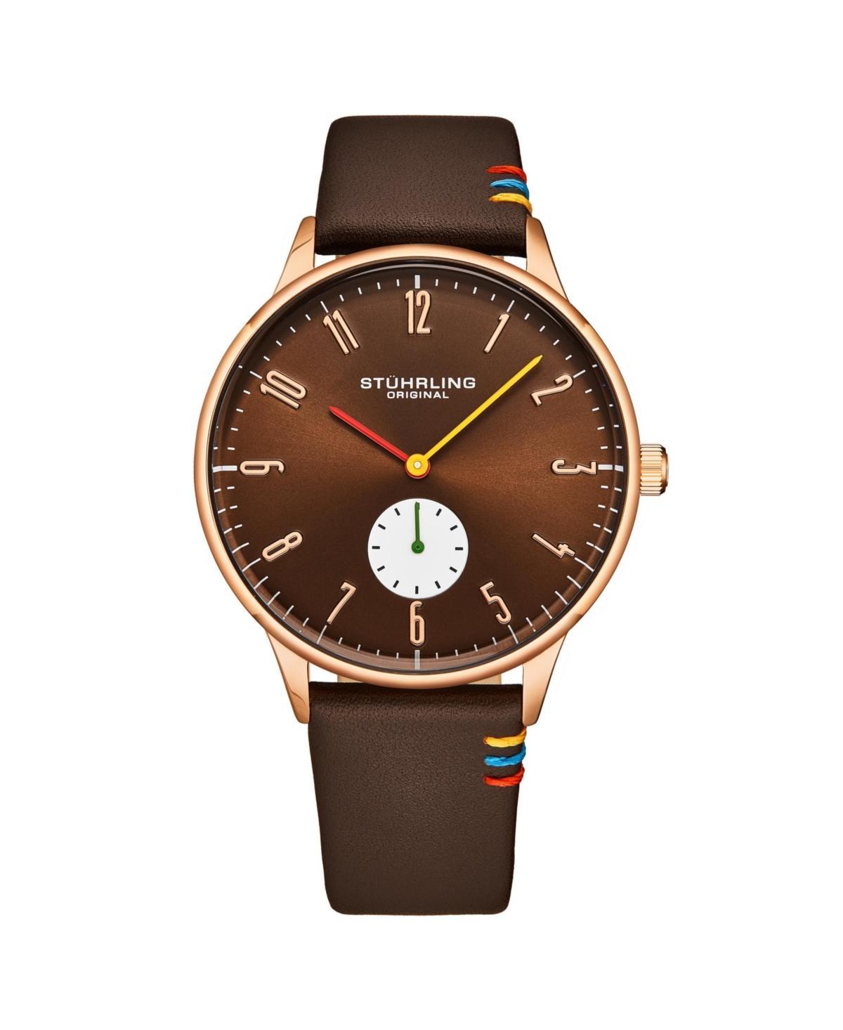 Stuhrling Mens Brown leather strap Quartz Brown dial Rose Gold case Red yellow and green hands Product Image