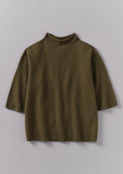 Fine Wool Cashmere Half Sleeve Sweater | Olive Melange product image