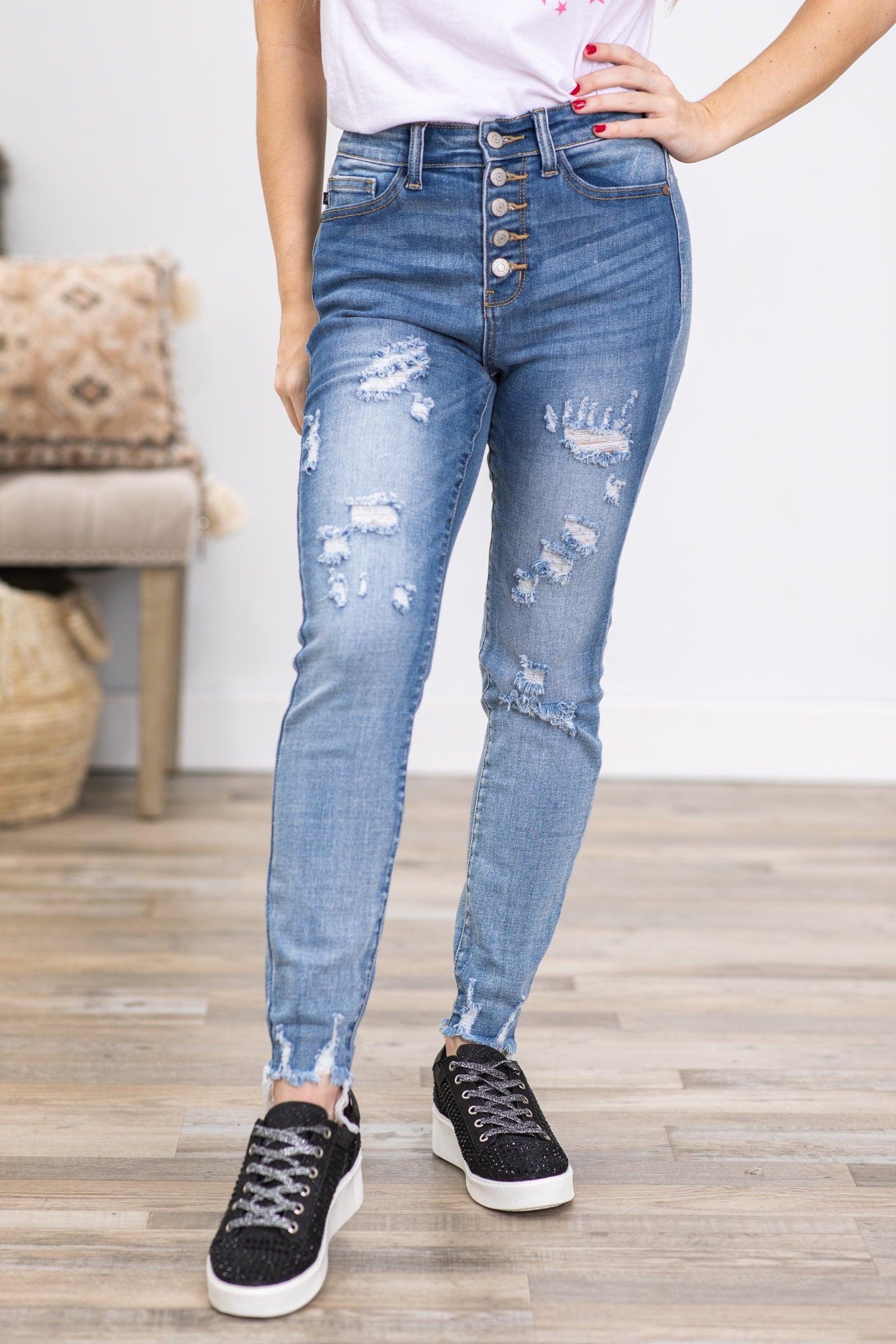 Judy Blue Button Fly Distressed Skinny Jeans Product Image