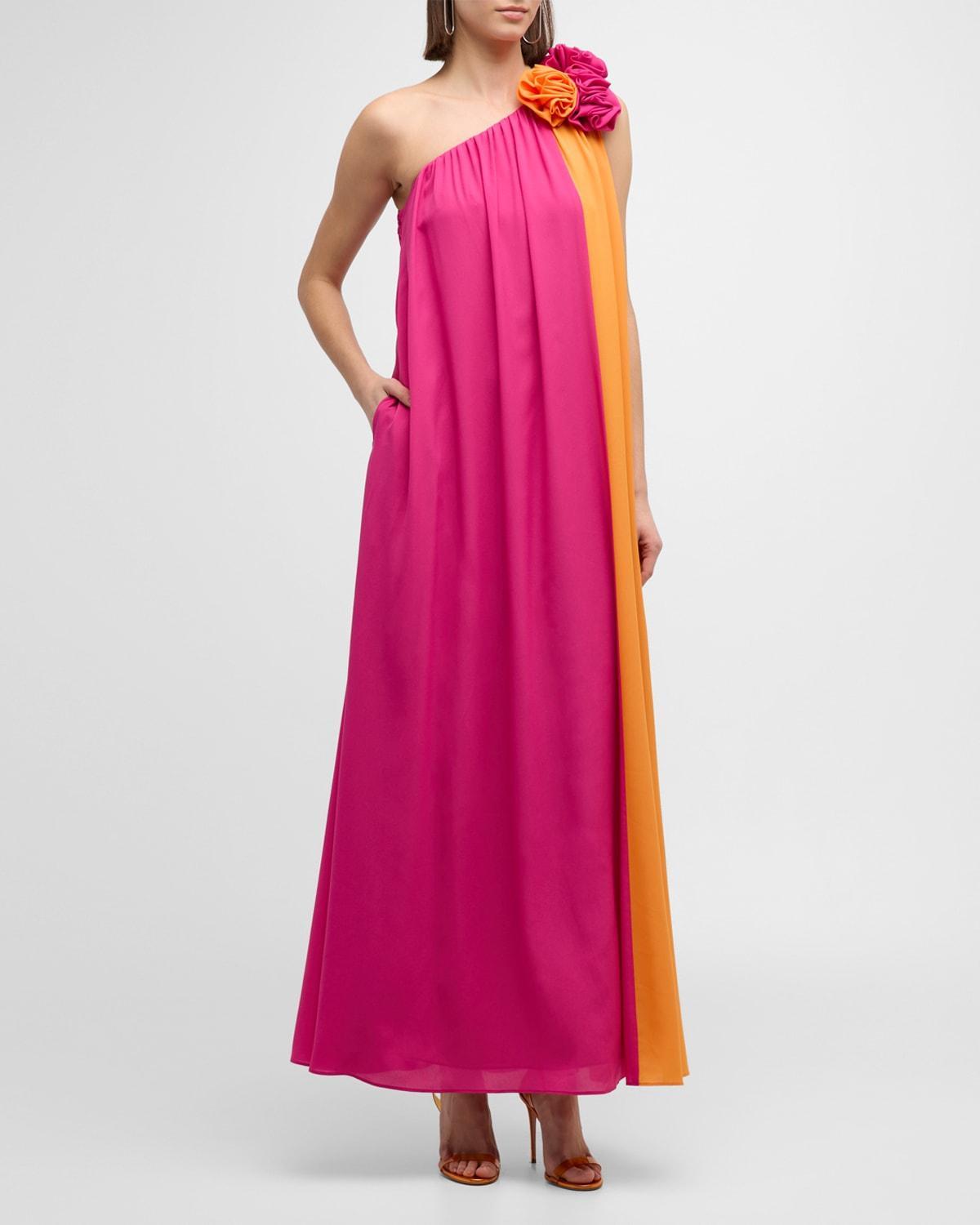 One-Shoulder Colorblock Trapeze Maxi Dress Product Image