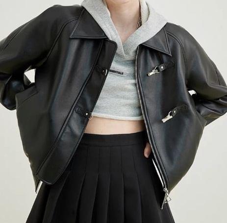 Collar Plain Faux Leather Zip Jacket Product Image