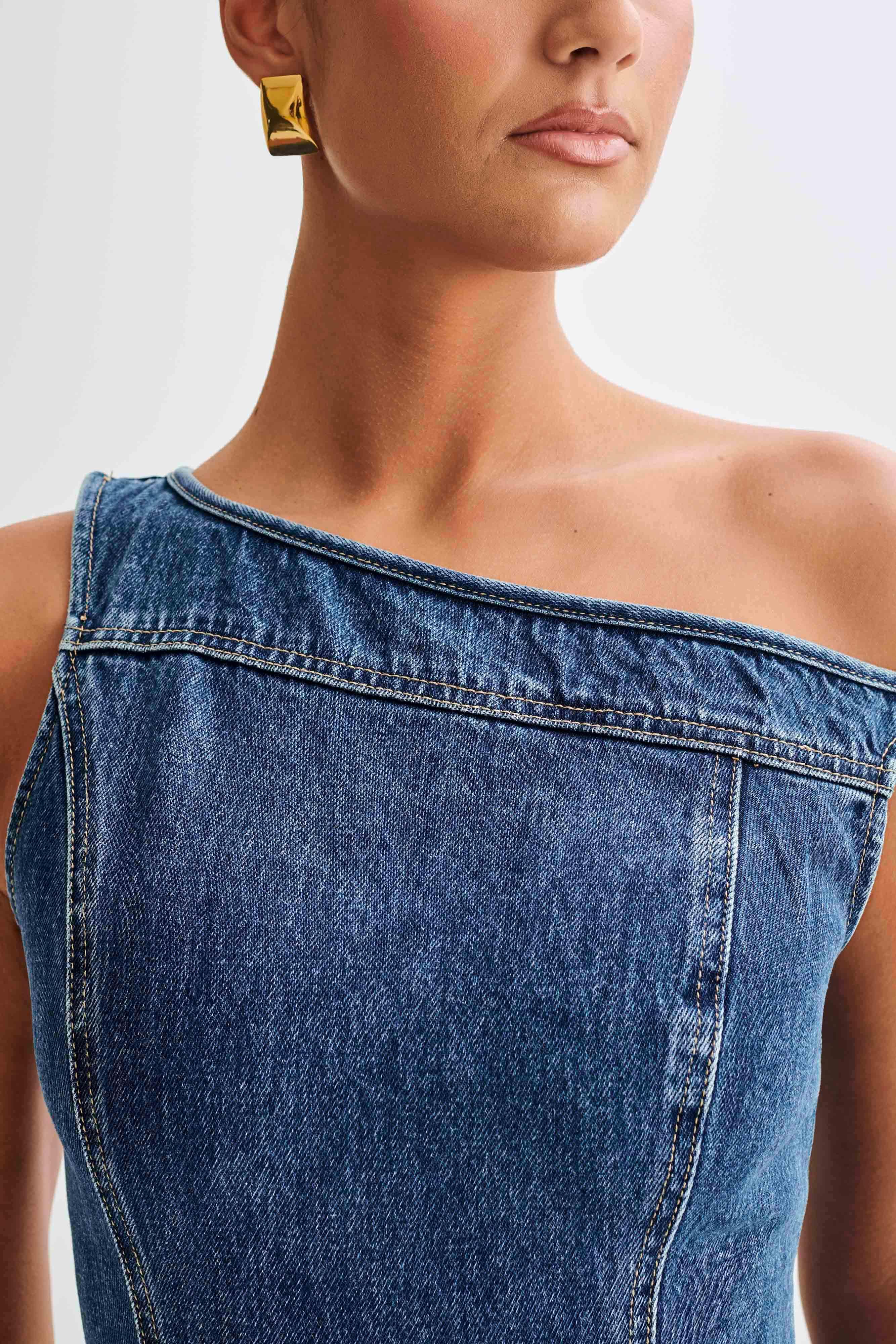 Baker Off Shoulder Denim Mini Dress - Dark Blue Product Image