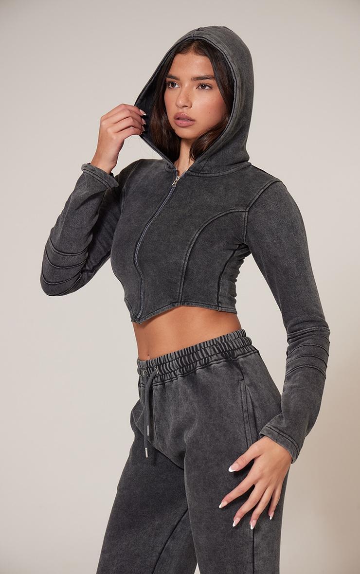 Charcoal Washed Seam Detail Zip Up Corset Hoodie Product Image