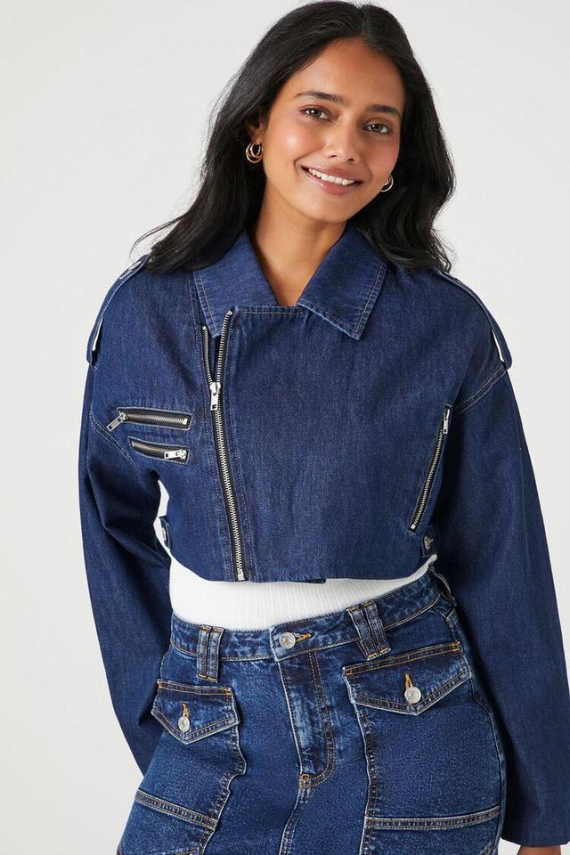 Cropped Denim Zip-Up Moto Jacket | Forever 21 Product Image