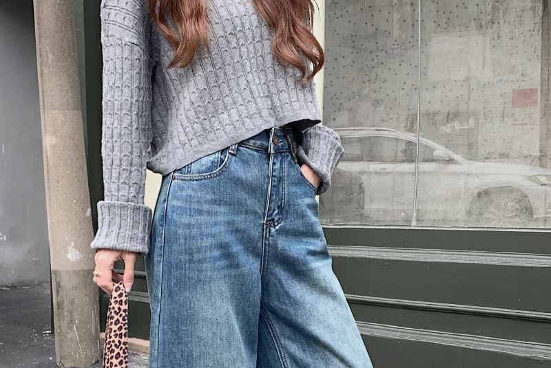 High Waist Leopard Print Panel Fleece-Lined Washed Wide Leg Jeans Product Image