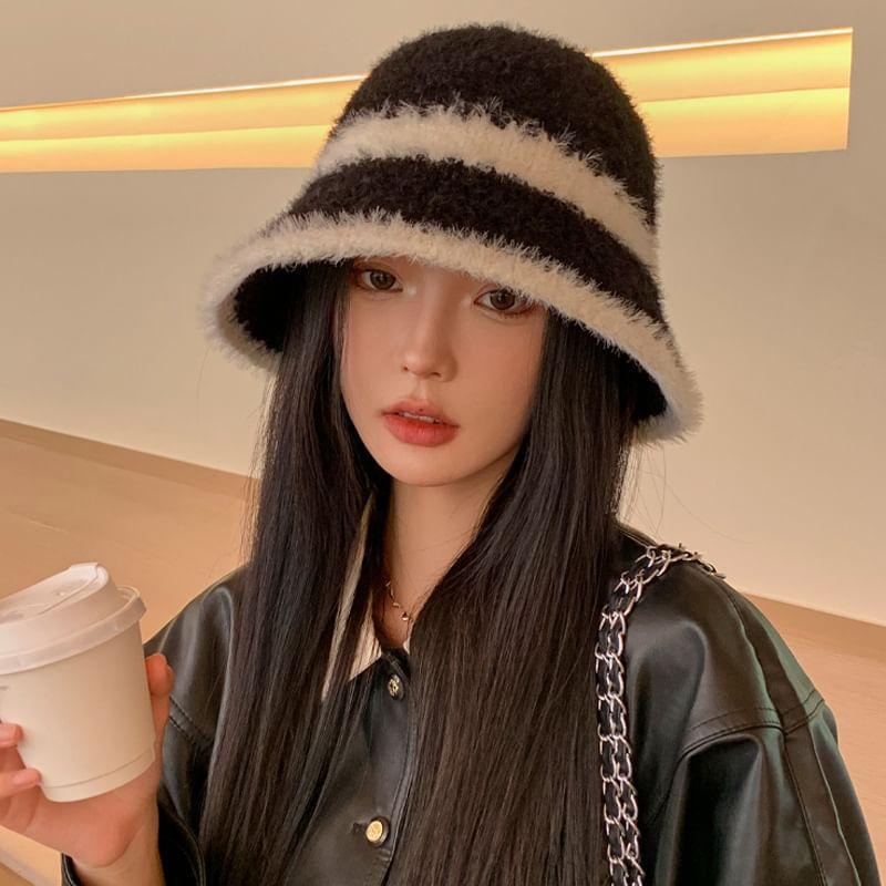 Striped Faux Shearling Bucket Hat Product Image