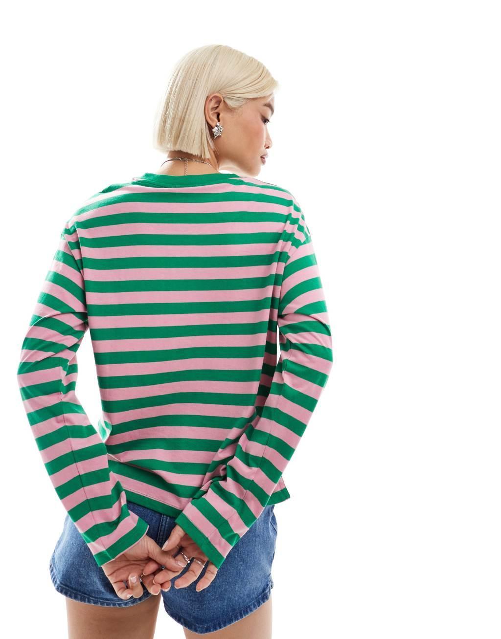 Monki long sleeve top in pink and green stripes Product Image