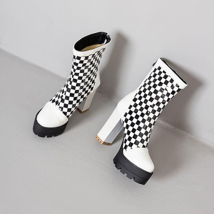 Block Heel Checkerboard Short Boots Product Image