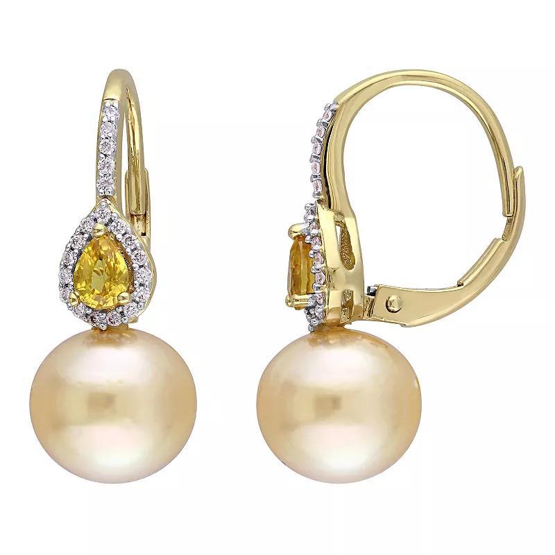 Stella Grace 14k Gold South Sea Cultured Pearl, Yellow Sapphire & 1/8 Carat T.W. Diamond Drop Leverback Earrings, Womens Product Image