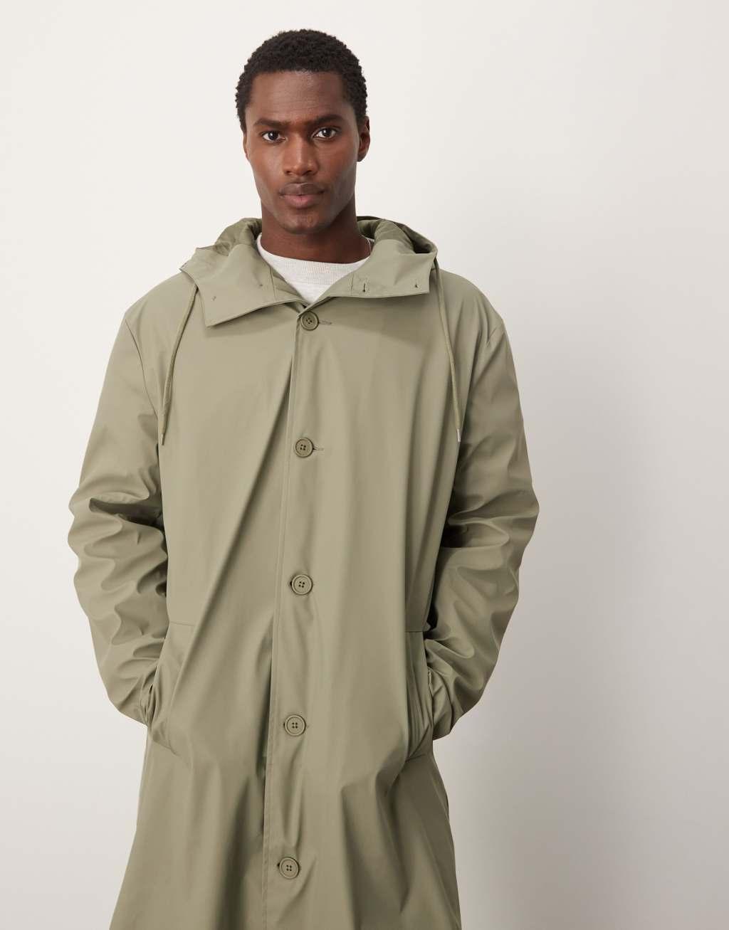 ASOS DESIGN rubberized trench coat with hood in khaki Product Image