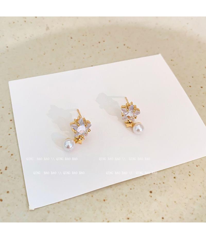 Star Rhinestone Faux Pearl Alloy Drop Earring Product Image