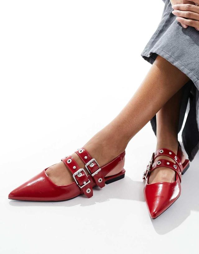 Stradivarius buckle detail slingback ballet shoes in red Product Image