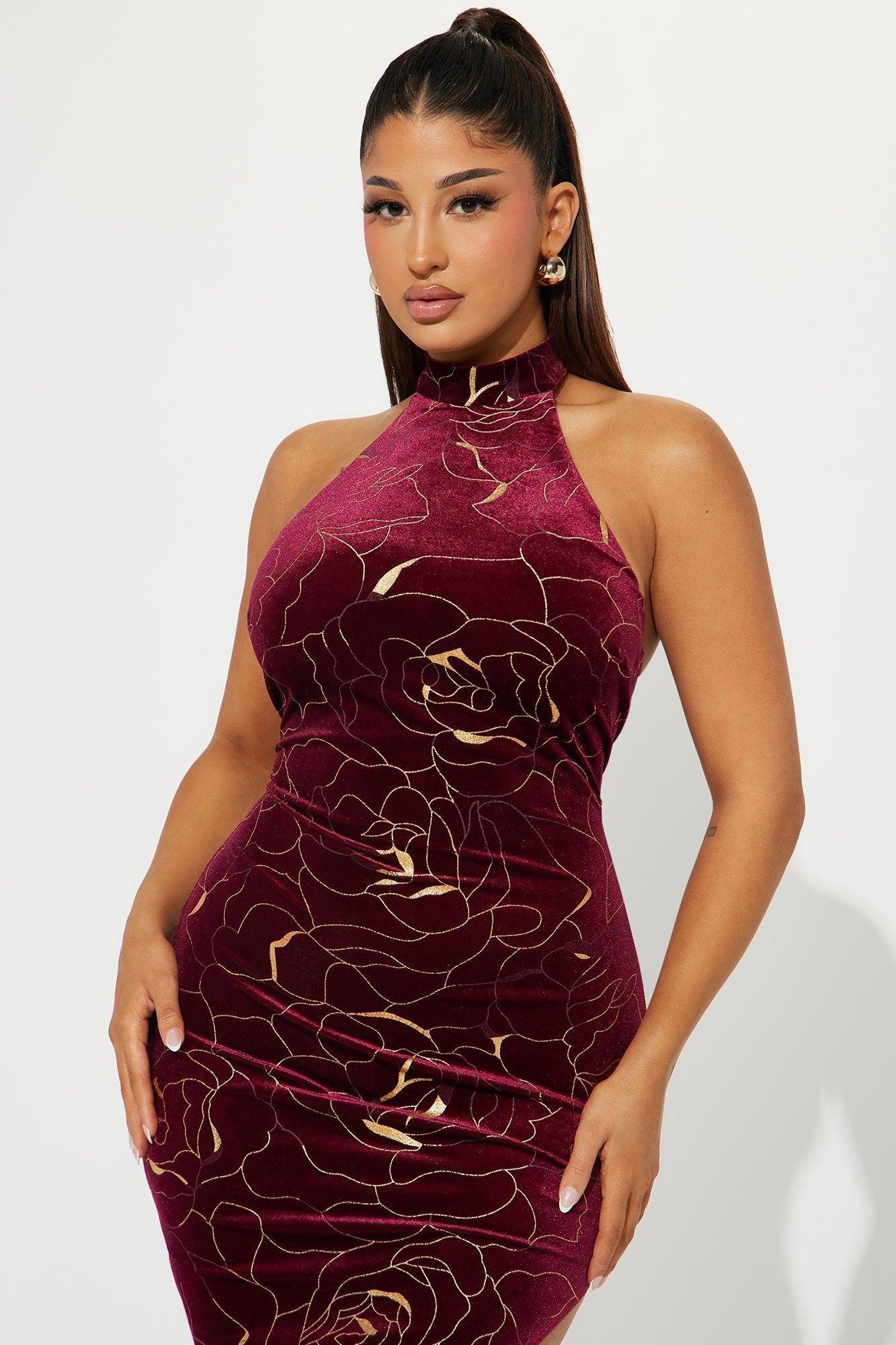 Bella Rose Velvet Midi Dress - Burgundy Product Image