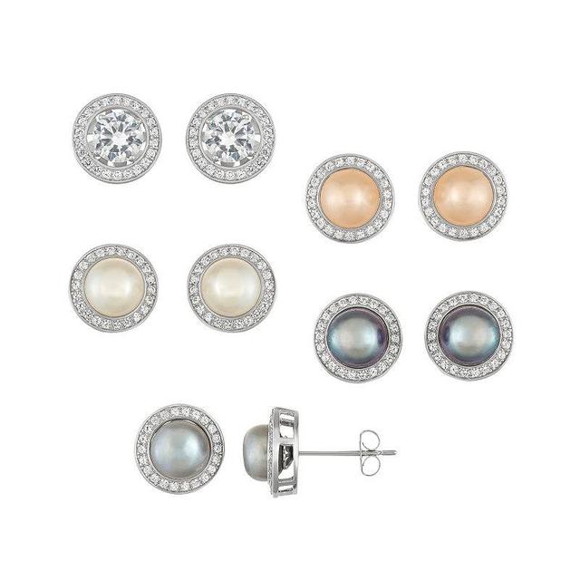 Sterling Silver Dyed Freshwater Cultured Pearl & Lab-Created White Sapphire 5-Pair Halo Earring Set, Womens Product Image