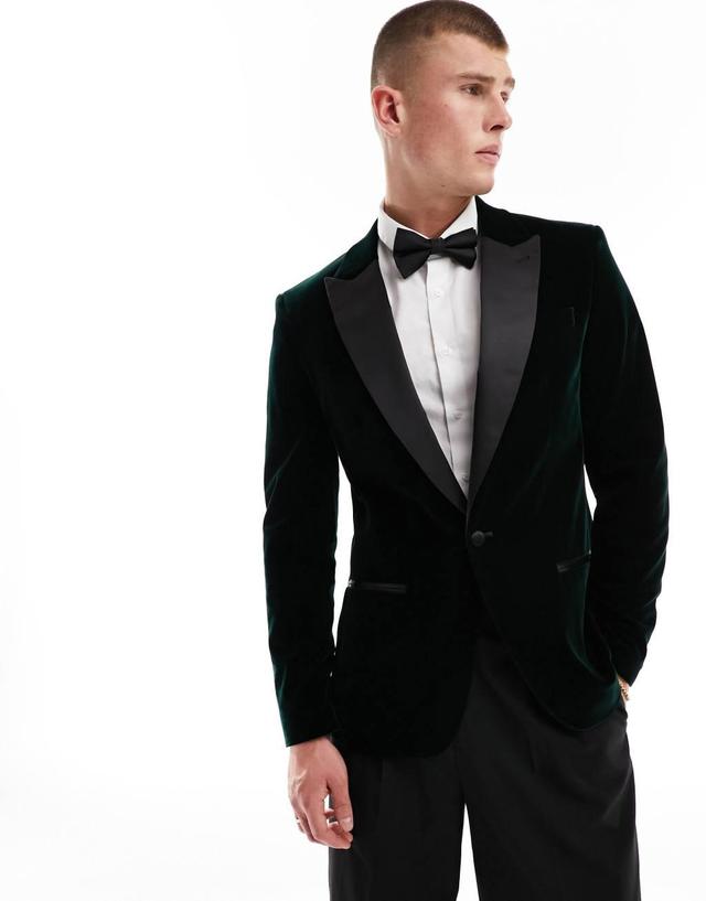 River Island velvet tuxedo jacket in dark green Product Image