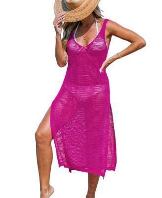 Womens Hot Pink Sleeveless Crochet Cover-Up Dress Product Image