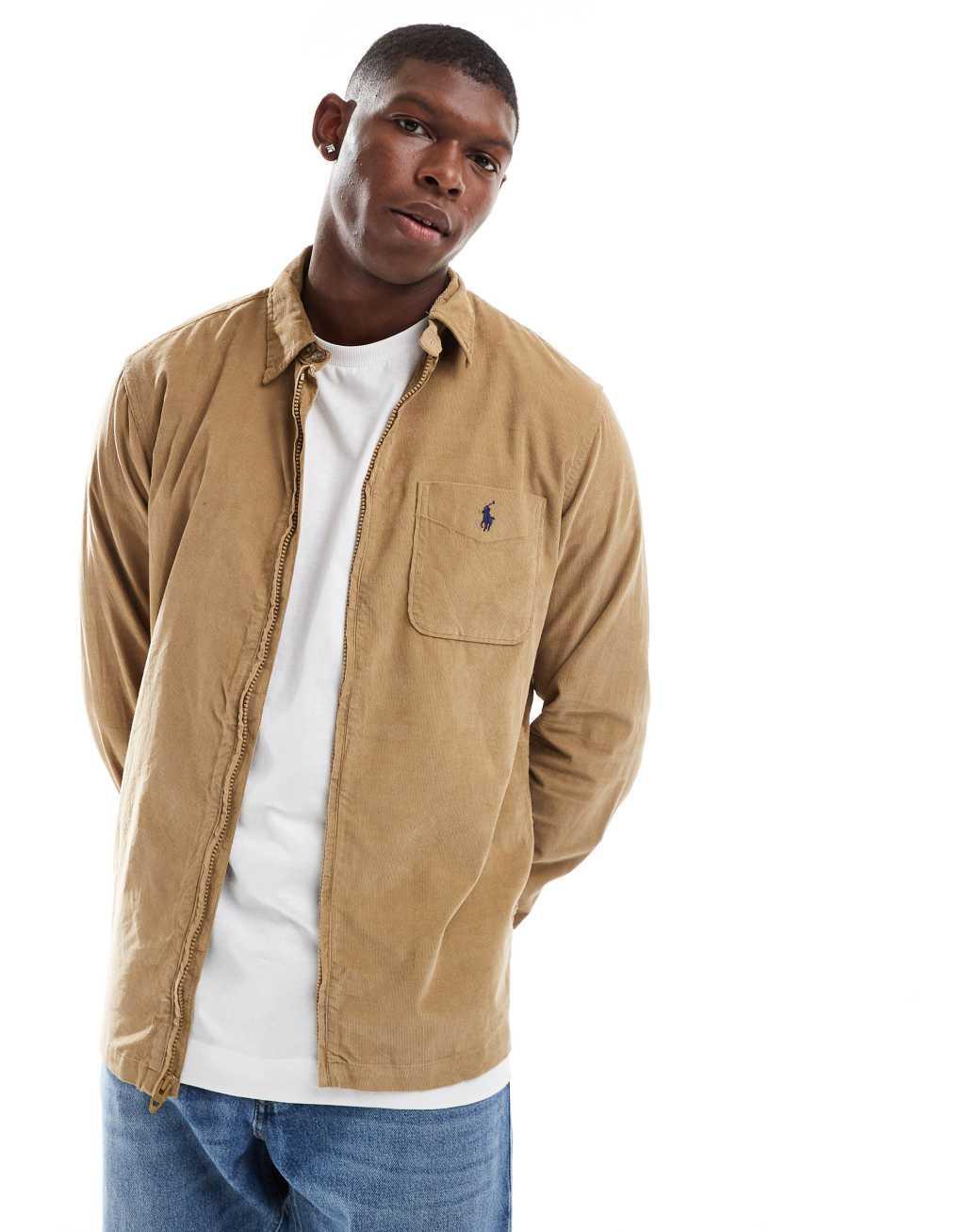 Polo Ralph Lauren icon logo zip front cord overshirt classic oversized fit in tan Product Image