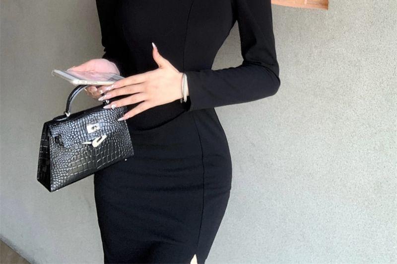 Long-Sleeve Square Neck Plain Midi Sheath Dress Product Image