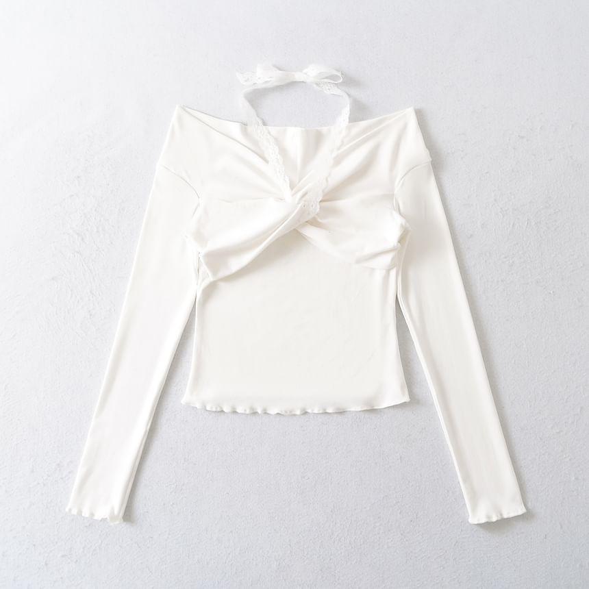 Long-Sleeve Halter Neck Plain Top Product Image